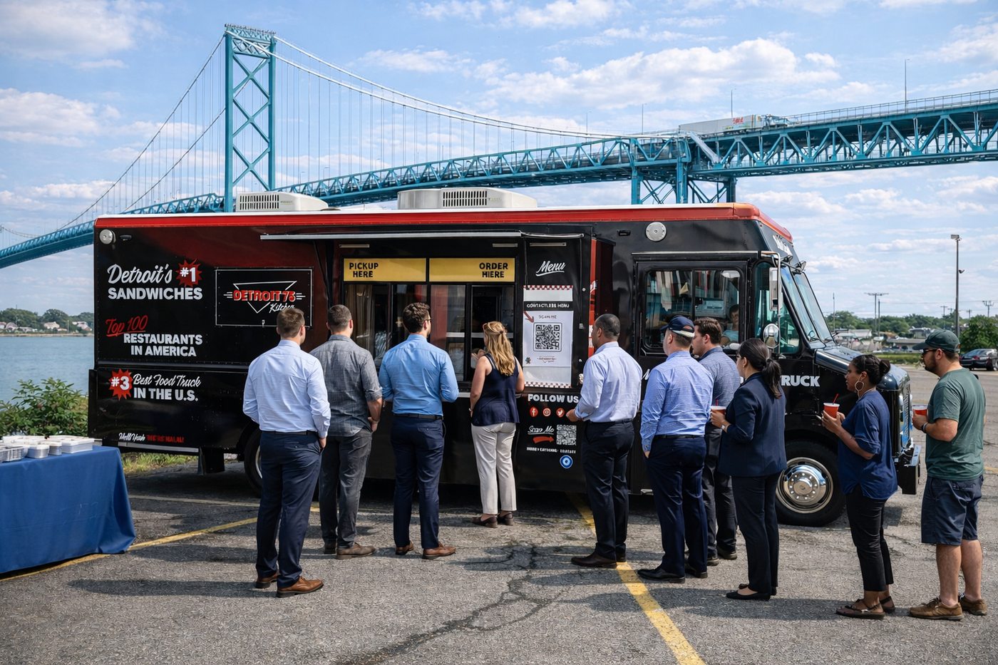 The Detroit 75 Kitchen food truck serving guests at an event