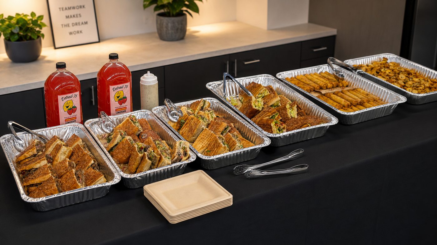 Detroit 75 Kitchen group catering trays set up for an office lunch